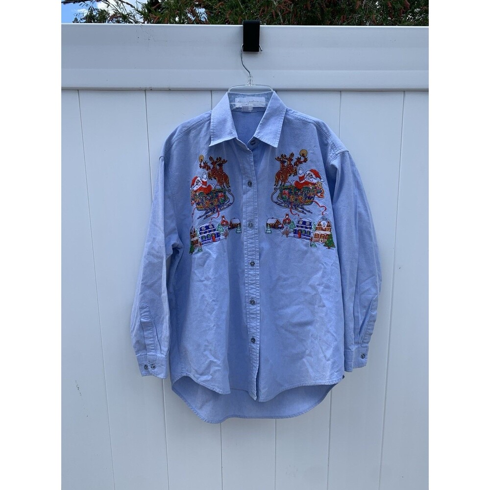Vintage Casey Coleman Denim Button Up Embroidered Christmas Womens L/XL Vtg